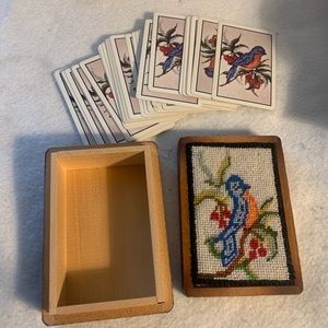 Vintage Wooden Jewelry Box, With Embroidered Top Bird Deck Of Cards Incl